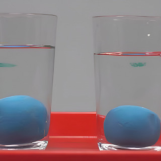 Zwei Steine verdrängen unterschiedlich viel Wasser in einem Glas.